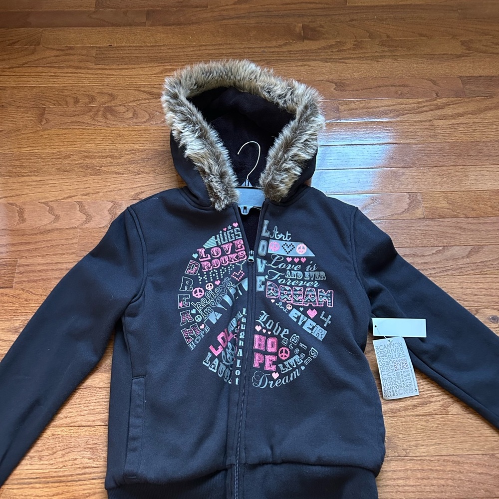 Kids Black Graphic Hoodie with Faux Fur Trim